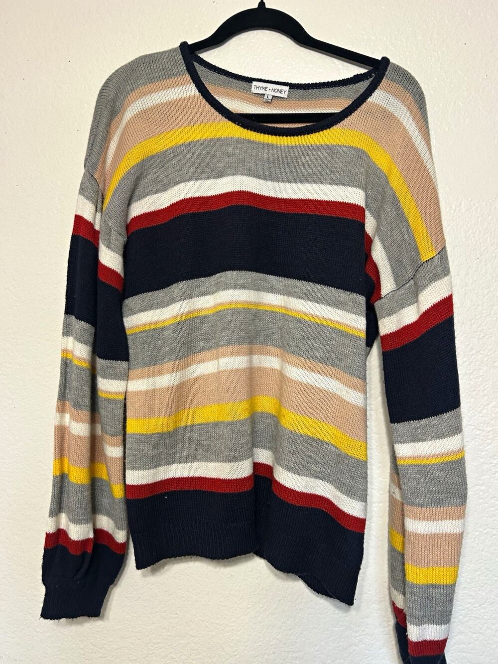 Thyme + Honey Gray Navy Striped Knit Pullover Sweater Crew Neck Long Sleeve L